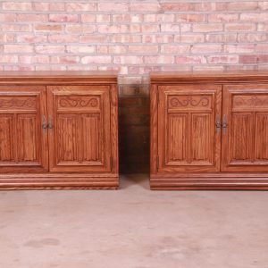 Ethan Allen Arts & Crafts Carved Oak Bedside Chests, Newly Refinished