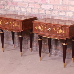 French Art Deco Macassar Ebony Inlaid Marquetry Nightstands, Circa 1950s