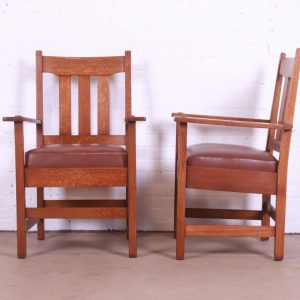 Stickley Brothers Mission Oak Arts & Crafts Arm Chairs, Pair