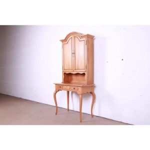 Thomasville French Provincial Louis XV Carved Oak Writing Desk With Bookcase Hutch Top