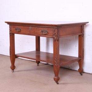Antique Victorian Carved Oak Writing Desk or Library Table, Circa 1890s