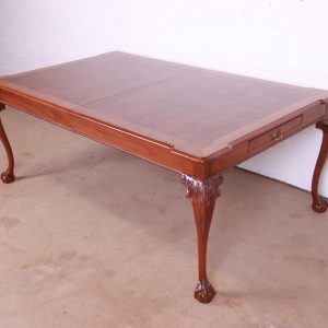 Henredon Chippendale Banded Mahogany and Burl Wood Extension Dining Table, Newly Refinished