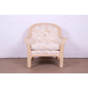 Baker Furniture Modern Sculptural Split Reed Rattan Upholstered Lounge Chair