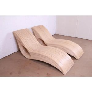 Betty Cobonpue Sculptural Split Reed Rattan Chaise Lounges, Pair