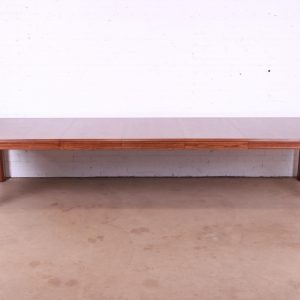 Drexel Heritage Mid-Century Modern Oak and Burl Wood Extension Dining Table, Newly Refinished