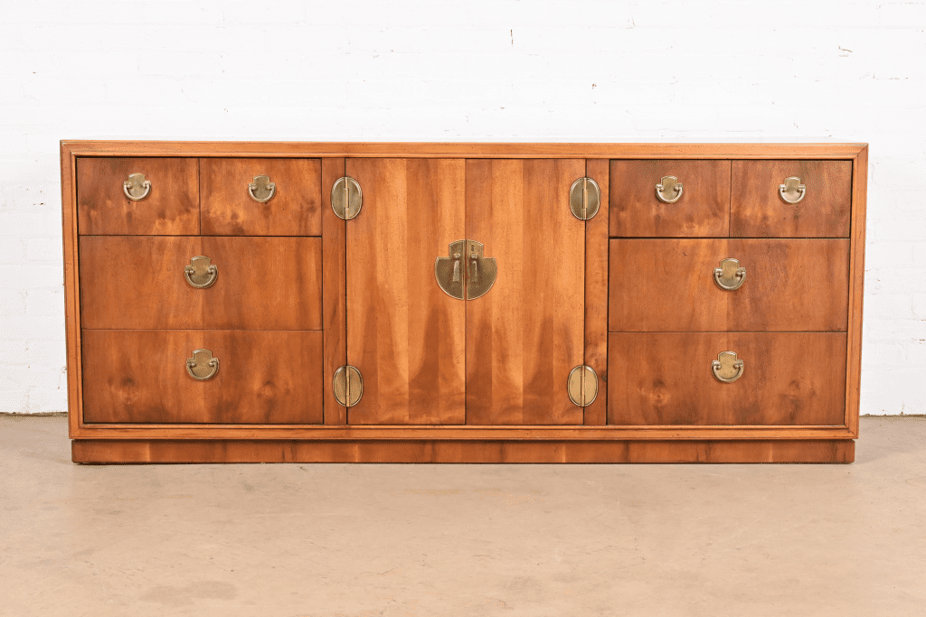 vintage long dresser Italian Mid Century Modern Maple + Mirror | 1960s Care 76 W MCM Russel Wright Stardust Long