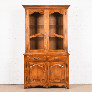 Ethan Allen French Provincial Louis XV Solid Birch Lighted Breakfront Bookcase Cabinet