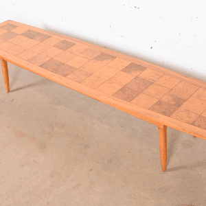 Tomlinson Sophisticate Mid-Century Modern Patchwork Burl Wood Extra Long Surfboard Coffee Table, Newly Refinished