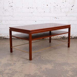 Edward Wormley for Dunbar Two-Tier Walnut and Brass Cocktail Table, Newly Refinished