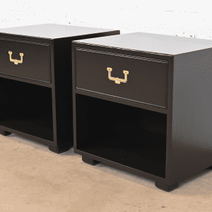 Henredon Mid-Century Modern Hollywood Regency Black Lacquered Campaign Nightstands, Newly Refinished