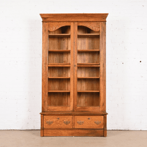 Antique Victorian Carved Oak Glass Front Bookcase, Circa 1900