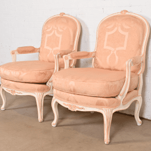 French Provincial Louis XV Carved Painted Walnut Fauteuils, Pair