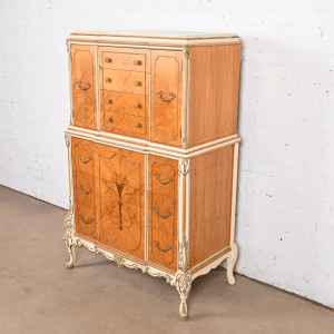 Romweber French Rococo Louis XV Satinwood Inlaid Marquetry and Parcel Painted Gentlemen's Chest, Circa 1930s