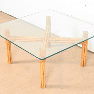 McGuire Organic Modern Bamboo Rattan Glass Top Coffee Table, Circa 1970s