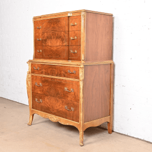 Antique French Provincial Louis XV Burled Walnut and Parcel Painted Highboy Dresser, Circa 1920s