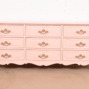 Baker Furniture French Provincial Louis XV Pink Lacquered Triple Dresser, Newly Refinished