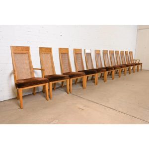 Milo Baughman Style Mid-Century Modern Burl Wood and Cane High Back Dining Chairs by Lane, 1970s