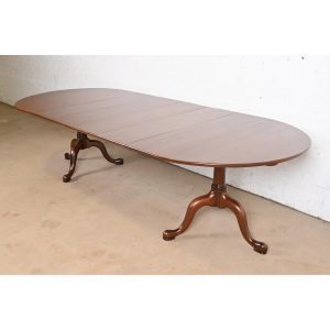 Henkel Harris Georgian Solid Cherry Wood Double Pedestal Extension Dining Table, Newly Refinished