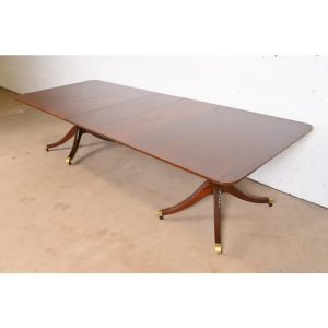 Baker Furniture Georgian Banded Mahogany Double Pedestal Extension Dining Table, Newly Refinished