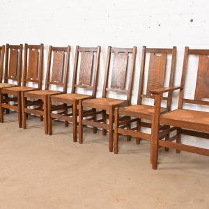 Gustav Stickley Antique Mission Oak Arts & Crafts H-Back Dining Chairs With Rush Seats, Set of Eight