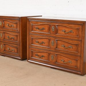 Henredon French Provincial Louis XV Carved Walnut Chests of Drawers, Pair