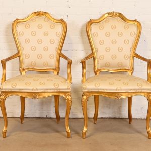 Karges French Provincial Louis XV Carved Walnut and Gold Gilt Armchairs or Dining Chairs, Pair