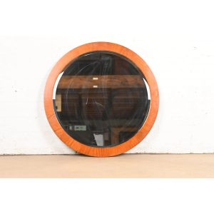 Charles Pfister for Baker Furniture Art Deco Primavera and Burl Wood Large Round Wall Mirror