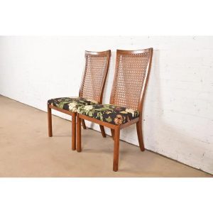 Drexel Heritage Mid-Century Modern Walnut and Cane High Back Dining Chairs, Pair