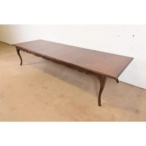 Baker Furniture Italian Provincial Louis XV Carved Cherry and Inlaid Burl Wood Extension Dining Table