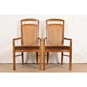 Drexel Heritage Mid-Century Modern Walnut and Cane High Back Armchairs or Dining Captain Chairs, Pair