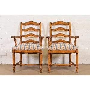 Guy Chaddock English Country Rustic Carved Maple Ladder Back Armchairs or Dining Captain Chairs, Pair