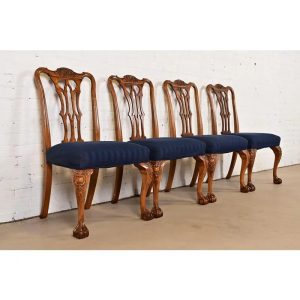 Romweber Chippendale Carved Walnut and Burl Wood Dining Chairs, Set of Four