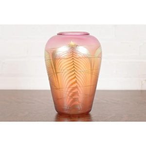 Louis Comfort Tiffany Style Iridescent Art Glass Pulled Feather Vase by Stephen Correia