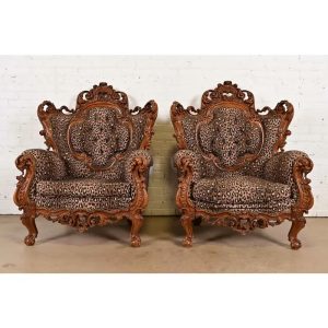 Italian Baroque Ornate Carved Walnut Throne Chairs or Lounge Chairs With Leopard Print Upholstery