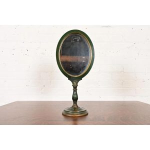 Stickley Brothers Antique Early American Country Cottage Green Lacquered Floral Painted Table Mirror, Circa 1920s