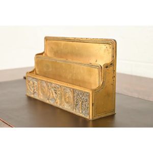 Tiffany Studios New York Bookmark Pattern Bronze Doré and Enamel Letter Rack