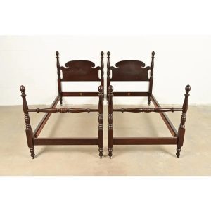 Kindel Furniture Antique Georgian Carved Solid Mahogany Twin Size Poster Beds, Pair