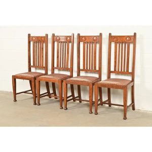 Stickley Brothers Style Antique English Arts & Crafts Carved Oak High Back Dining Chairs, Set of Four