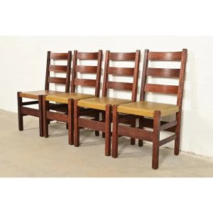 Gustav Stickley Antique Mission Oak Arts & Crafts Ladder Back Dining Chairs, Set of Four