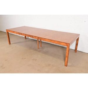 Milo Baughman Style Burl Wood Parsons Extension Dining Table, Newly Refinished