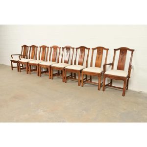Thomasville Mid-Century Hollywood Regency Chinoiserie Carved Walnut Dining Chairs, Set of Eight