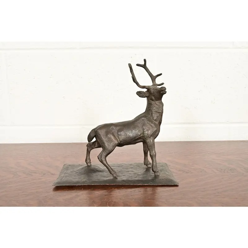 Antoine-Louis Barye Style French Art Deco Bronze Over Copper "Listening Stag" Sculpture
