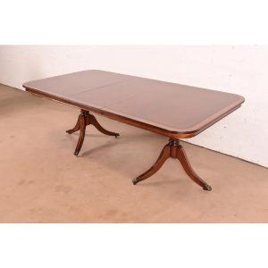 John Widdicomb Georgian Banded Mahogany Double Pedestal Extension Dining Table, Newly Refinished