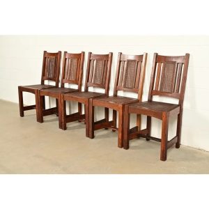 Lifetime Furniture Antique Mission Oak and Cane Arts & Crafts Dining Chairs, Set of Five