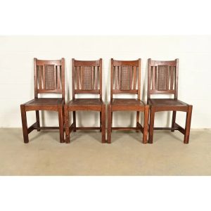Lifetime Furniture Antique Mission Oak and Cane Arts & Crafts Dining Chairs, Set of Four
