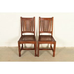 Lifetime Furniture Antique Mission Oak and Cane Arts & Crafts Side Chairs or Dining Chairs, Pair