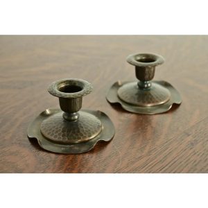 Roycroft Arts & Crafts Hammered Copper Candlesticks, Pair