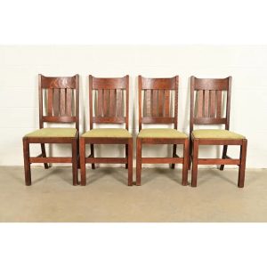 Stickley Brothers Style Antique Mission Oak Arts & Crafts Dining Chairs, Set of Four