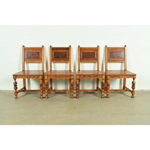 Early Romweber Antique English Jacobean Carved Oak and Burl Wood Dining Chairs, Set of Four