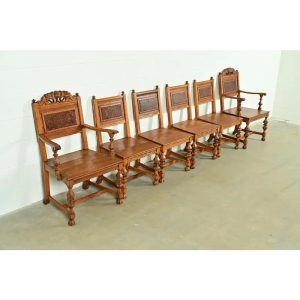 Early Romweber Antique English Jacobean Carved Oak and Burl Wood Dining Chairs, Set of Six